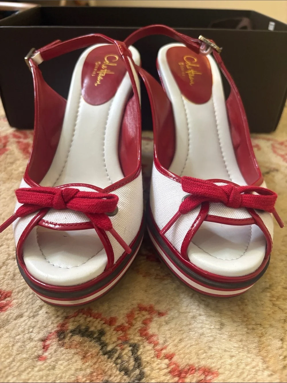 Cole Haan Red and White Slingback Wedge Sandals with Bow Detail